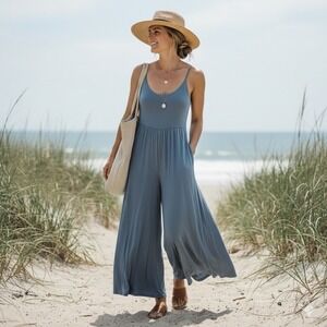 Final Touch Jumpsuit M Blue Rayon Modal Wide Leg Palazzo Boho Lounge Pocket USA